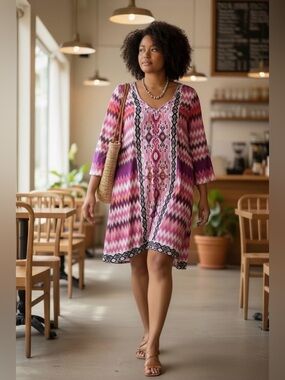 London Times Pink & Purple Patterned V-Neck Tunic Dress